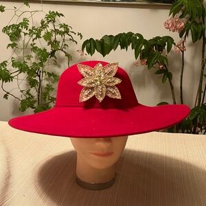 Elegant Red Wool Hat with Gold Sequined Rhinestone Beaded Embellishment